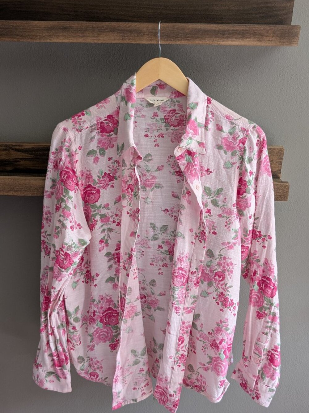 Lucky Brand Pink Floral Button Down Shirt Large Long Sleeve Cotton Gauze Cottage